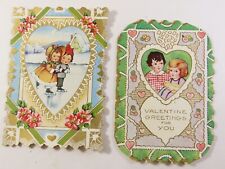 2 Antique Valentine Card Paper Cut Victorian Ice Skating 1920s Lot C8010 picture
