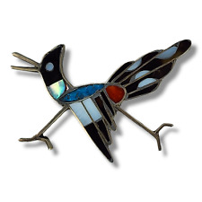 Vintage Zuni Inlay Roadrunner Brooch Pin Sterling Silver Turquoise Coral Abalone picture