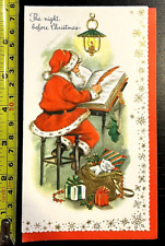 Vtg Christmas Eve Santa Naughty List Presents Kitten Gold Embellished Card picture