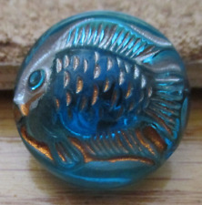 1-Czech Glass Gold and Silver Raised Fish on Round Blue Button #17 21.25mm picture