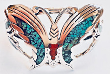 LADIES GORGEOUS BUTTERFLY TURQUOISE CORAL CHIP INLAY STERLING BRACELET POLISHED picture