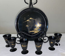 Oriental Asian Saki Black & Gold Lacquer Round Tray & Tiny Goblets Tells a Story picture