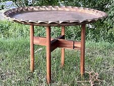 Mid Century Moroccan Brass Tray Top Table on Teak Adjustable Base Danish Style picture