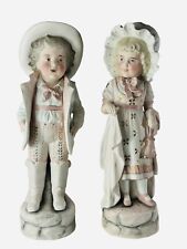 Vintage German Bisque Boy And Girl Figurines Pink Tones Large 15” Lot Set Of 2 picture