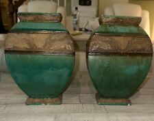 pair of vintage Chinese green ceramic vase pottery picture