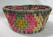 Beautiful Woven Round Coiled Raffia Basket Southwest Natural w/ Pink and Green picture