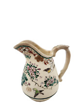 Vtg Japanese Kinkozan Pitcher Hand Painted Raised Flowers, Birds w/Gold Accents picture