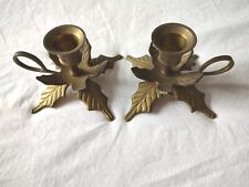 2 Vintage Christmas Solid Brass Poinsettia Holly Leaf Candle Stick Holders India picture