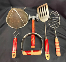 Lot of 5 - Vintage Primitive Red Wood Handled Kitchen Utensils - Country Kitchen picture