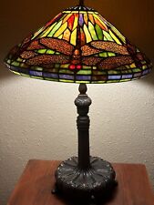 Antique Stained Glass Dragonfly Table Lamp Bronze Handmade Tiffany Pattern Lead picture