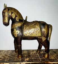 VTG Hand Carved Wooden Armored Horse W Hammered Brass Bronze Inlay Exceptional picture