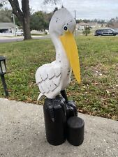 SITTING PELICAN ON PILING HAND CARVED WOOD TROPICAL SCULPTURE BIRD DECOR picture
