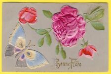 cpa FANTASY EMBOSSED ROSES SILK HAND PAINTED FLY Flowers Roses Painted Butterflies picture