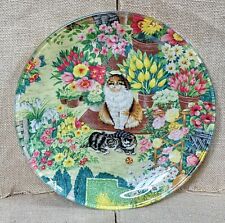 Vintage Decoupage Glass Plate Cat And Tabby Kittens In Flower Garden Grandmacore picture