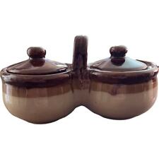 Vintage Brown Drip Glaze Double Pot Condiment Serving Stoneware picture