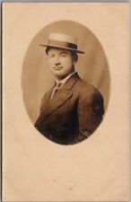 Vintage 1920s RPPC Real Photo Postcard Confident Young Man in Suit & Straw Hat picture