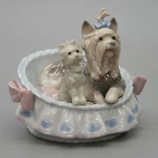 Lladro Our Cozy Home Yorkshire Dogs Terriers Puppy 2-Yorkies Basket Bed 6469 picture