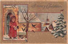 1907 Christmas Postcard of Child Feeding Birds in a Snowy Village Scene picture