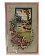 Vintage Postcard Best Wishes Embossed Lilacs And Landscape c1912 (A249) picture