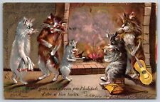 Maurice Boulanger Fantasy Cats~Kitten w/Meat On Dish~Dad Opens Wine~Guitar~1907 picture