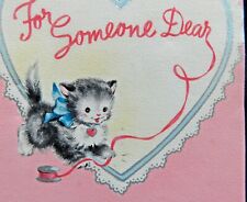 Vintage MCM Hallmark Valentine with Cute Kitten with Blue Bow V121 picture