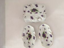 Set Porcelain 3 pc. Vintage Norcrest Sweet VioletsTrinket Box & Dishes Dresser  picture