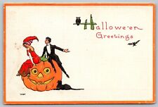 1913 Halloween Postcard Bergman Jack O Lantern Black Cat Man Woman Romantic A31 picture