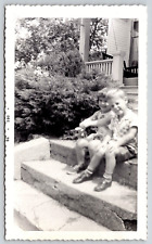 Vintage Antique Photograph Snapshot, Boy And Girl Sitting On Steps Of House 1959 picture