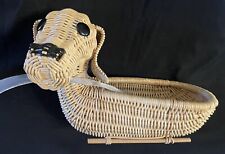 RARE UNIQUE VINTAGE WOVEN WICKER PUPPY DOG SHAPED BASKET  OPEN BACK BUTTON EYES picture