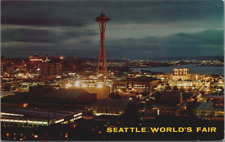 1962 Night View Seattle WA World's Fair Space Needle from Queen Anne Hill UNP picture