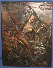 VINTAGE HAND MADE METAL EROTIC WALL DECOR PLAQUE GIRL FISHERMAN picture