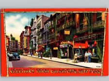c1940 Greetings From Chinatown New York NY Signs Linen Postcard picture