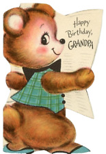 Vintage Happy Birthday Card Grandpa Bear Reading Newspaper Lots Love Used 1950s picture