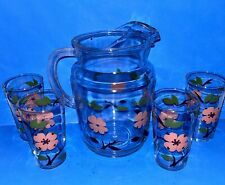 RARE VTG SET 1950s Tropical Flower Glass Pitcher 72oz With Four Glasses (11250) picture