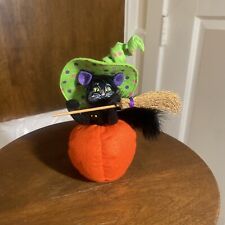 2011 Annalee 6” Halloween Black Cat Kitten with Broom in Pumpkin picture