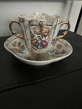 Dresden Style Quatrefoil Floral Chocolate Cup/Saucer Watteau Courting Scenes picture