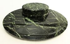= IMPRESSIVE Ea. 1900's Art Deco Oval Desk Inkwell Black Marble w. Green Strikes picture