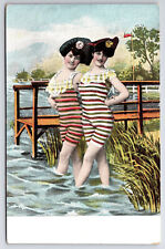 Vintage Antique C1910 Striped Bathing Suit Postcard Two Ladies By The Dock picture
