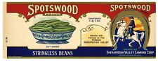 SPOTSWOOD Brand, Harrisonburg. VA *AN ORIGINAL 1920s TIN CAN LABEL* beans, A35 picture