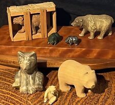 Amazing Vintage Bear Figurines Lot Of 7 Celluloid/Wood/Stone/Jade/Hematite picture