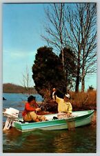 SCENE OF TWO MEN BASS FISHING IN A BOAT JOHNSON OUTBOARD MOTOR VTG POSTCARD picture