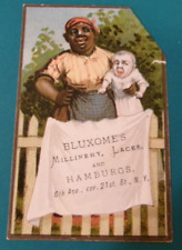 ANTIQUE VICTORIAN TRADE CARD BLACK AMERICANA MILLINERY LACES & HAMBURGS NEW YORK picture