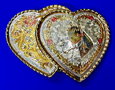 Horse Head In Double Dual Hearts Vintage Mixed Metal Western Belt Buckle - W Usa picture
