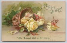 1923 Postcard Bible Verse Deut. 33:22 Happy Birthday Flowers & Basket picture