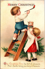 Vtg Christmas Postcard International Art 1913 Boy & Girl Painting on Step Ladder picture