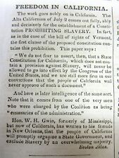1849 newspaper SLAVERY PROHIBITED in Gold Rush era CALIFORNIA by CA Constitution picture