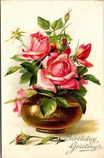 Birthday Greetings Pink Roses Vase  Heavily Embossed Tucks WOB  (A518) picture