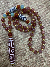 Tibetan Pink Dragon Vein Agate Dzi Beads Necklace W/Old Agate Dzi 9Eyed Pendant picture