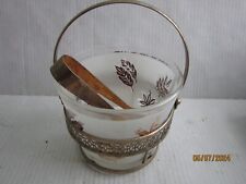 Vintage MCM Libbey Gold Leaf Ice Bucket w/ Original Carrier & Tongs Mid Century picture