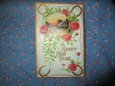 Old Postcard 1909 A Happy New Year Sunset Scene Flowers Horseshoes picture